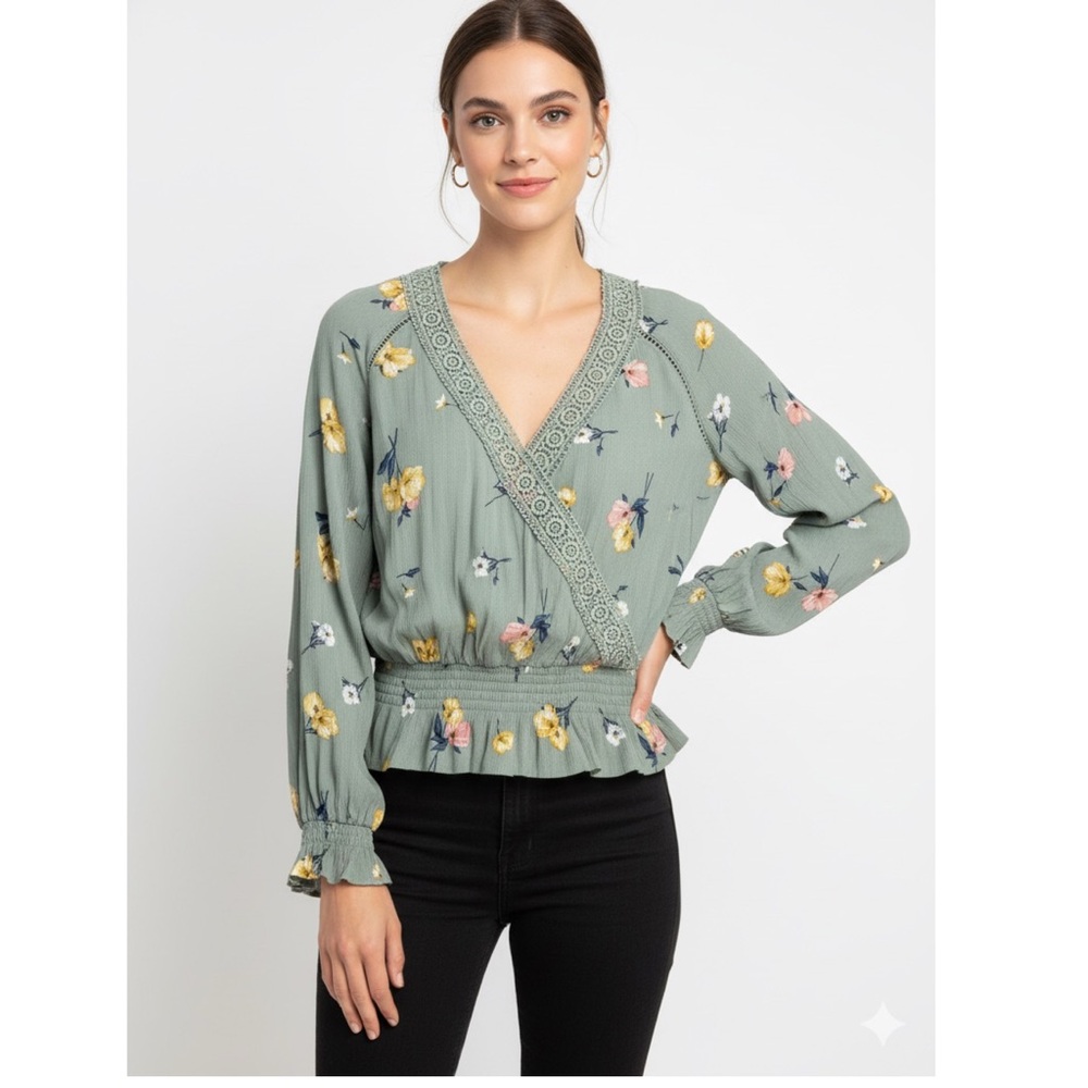 H&M‎ Divided Floral Wrap Blouse | Sage Green Long Sleeve Top | Size 12